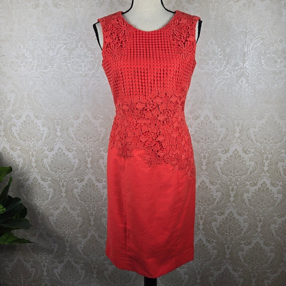 Antonio Melani Size 4 Coral Sleeveless Sheath Dress Lace Overlay Accents Rd Neck